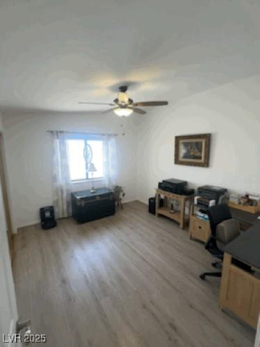 office with wood finished floors and ceiling fan