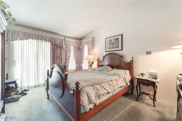 7617 Sea Cliff Way, Las Vegas, NV 89128 - bedroom with carpet flooring, a textured ceiling, lofted ceiling, and baseboards