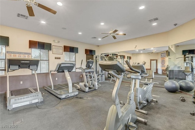gym featuring ceiling fan, visible vents, and recessed lighting