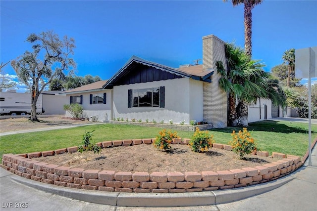 819 Bracken Ave, Las Vegas, NV 89104 - ranch-style house with a front lawn, board and batten siding, stucco siding, and a chimney