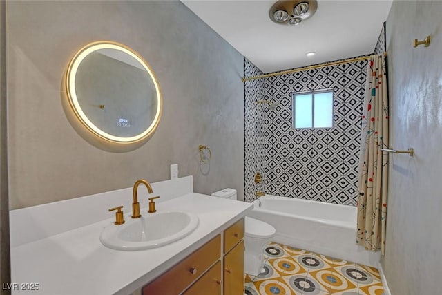 819 Bracken Ave, Las Vegas, NV 89104 - bathroom featuring toilet, shower / tub combo with curtain, and vanity