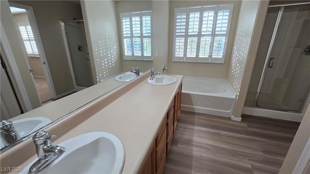 bathroom featuring a shower stall, a sink, and wood finished floors