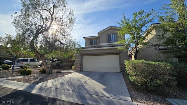 view of front of house with concrete driveway, a garage, stucco siding, and stone siding