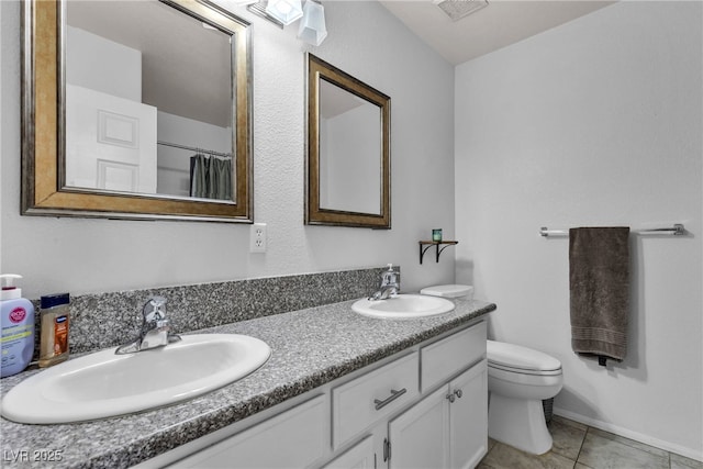 full bathroom with toilet, double vanity, tile patterned flooring, and a shower with shower curtain