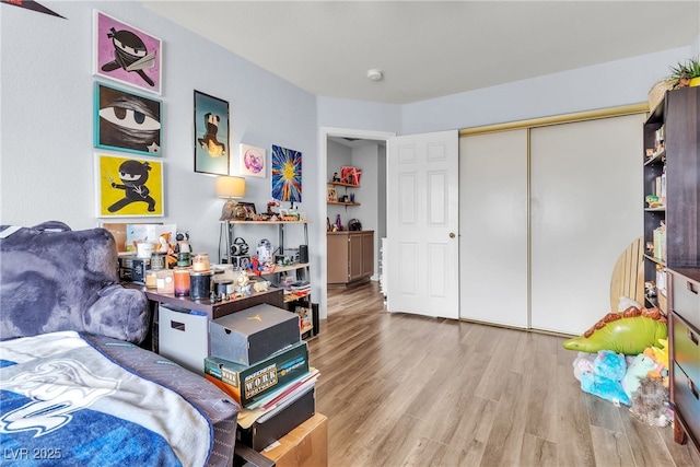 bedroom featuring wood finished floors and a closet
