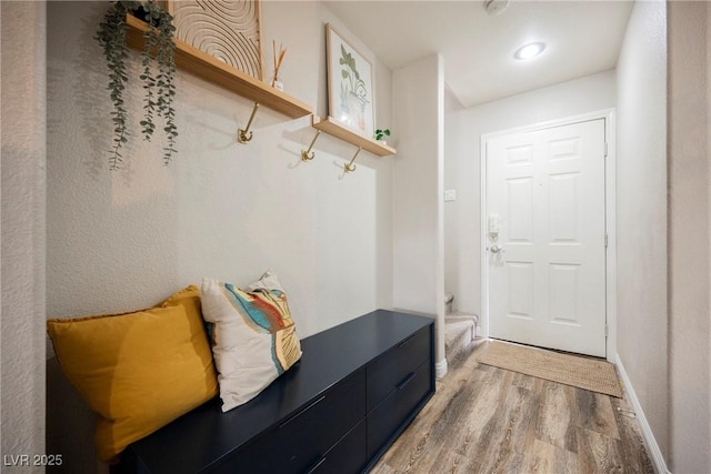 mudroom with wood finished floors and baseboards