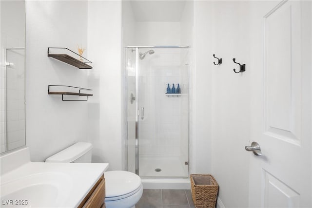 full bath featuring a shower stall, vanity, toilet, and tile patterned floors