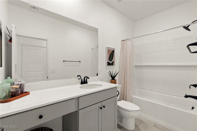 bathroom with toilet, vanity, and shower / bath combo with shower curtain