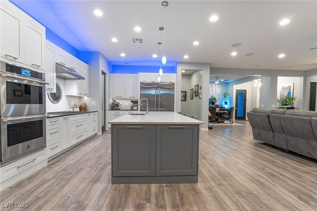 5865 Alice Landing Ct, Las Vegas, NV 89149 - kitchen with appliances with stainless steel finishes, under cabinet range hood, a sink, ceiling fan, and light wood finished floors