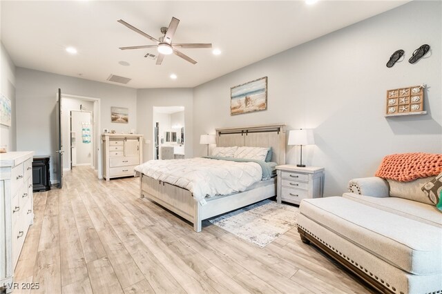 5865 Alice Landing Ct, Las Vegas, NV 89149 - bedroom featuring light wood finished floors, connected bathroom, recessed lighting, and a ceiling fan