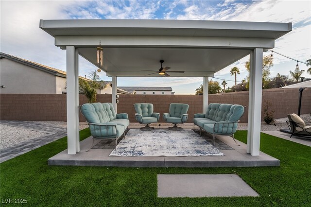 5865 Alice Landing Ct, Las Vegas, NV 89149 - view of patio / terrace with an outdoor hangout area, a ceiling fan, and a fenced backyard