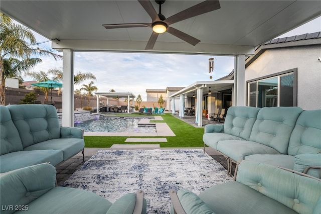 5865 Alice Landing Ct, Las Vegas, NV 89149 - view of patio featuring outdoor lounge area, a ceiling fan, and a fenced backyard