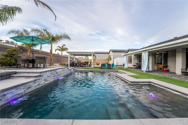 5865 Alice Landing Ct, Las Vegas, NV 89149 - view of pool with a ceiling fan, a patio area, outdoor dining space, and fence