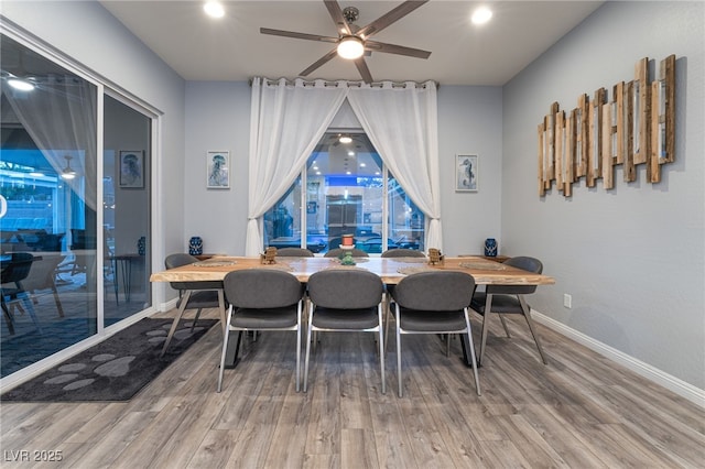 5865 Alice Landing Ct, Las Vegas, NV 89149 - dining area with a ceiling fan, wood finished floors, baseboards, and recessed lighting