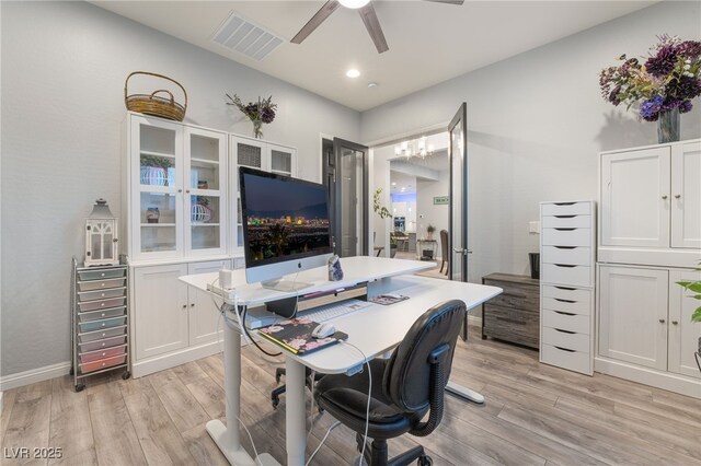 5865 Alice Landing Ct, Las Vegas, NV 89149 - home office featuring light wood finished floors, ceiling fan, recessed lighting, and baseboards