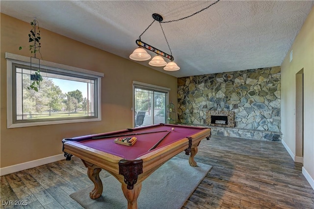 893 Fairway Dr, Boulder City, NV 89005 - recreation room featuring a textured ceiling, billiards table, wood finished floors, and a fireplace