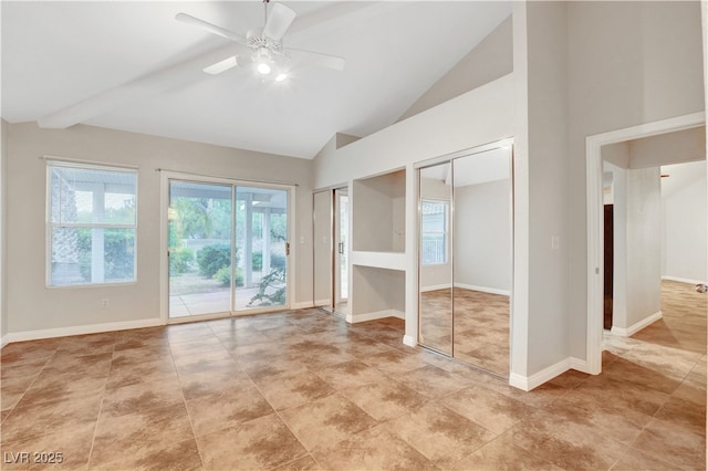 unfurnished bedroom with two closets, access to outside, high vaulted ceiling, a ceiling fan, and baseboards