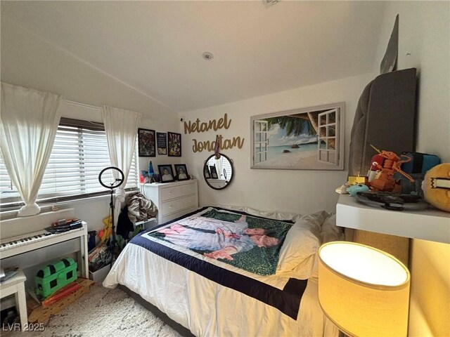 bedroom featuring lofted ceiling