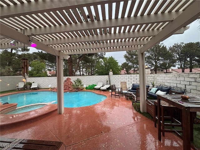 view of swimming pool featuring a fenced backyard, a pergola, and a patio