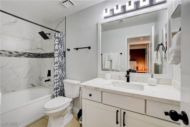 bathroom with toilet, shower / bathtub combination with curtain, and vanity