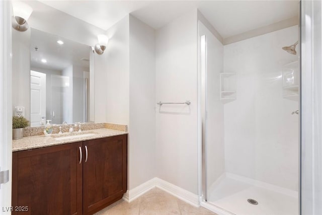 150 Las Vegas Blvd Unit 1608, Las Vegas, NV 89101 - full bath with a shower stall, vanity, baseboards, and tile patterned flooring