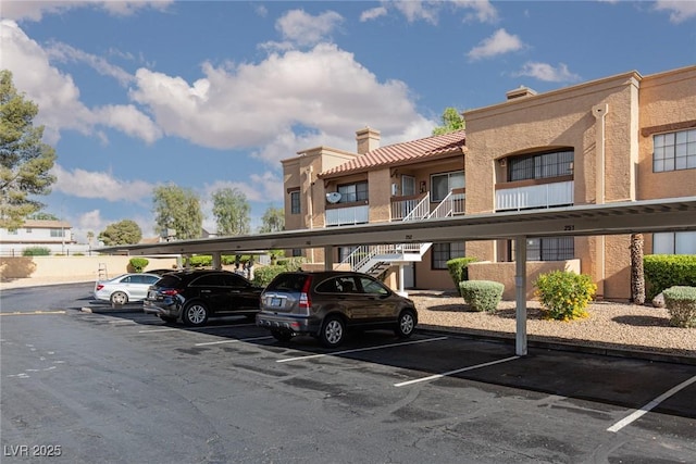 covered parking lot with stairs