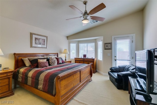 9524 Tyler Rose St, Las Vegas, NV 89178 - bedroom featuring lofted ceiling, light colored carpet, multiple windows, ceiling fan, and baseboards