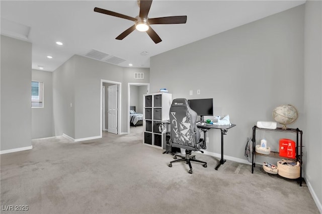 office area featuring baseboards, carpet, ceiling fan, and recessed lighting