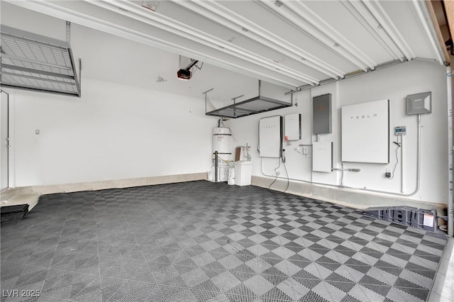 garage with a garage door opener, electric panel, and secured water heater