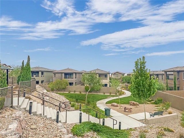 view of property's community with a residential view and fence
