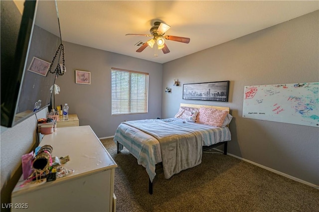 bedroom featuring carpet, baseboards, and ceiling fan