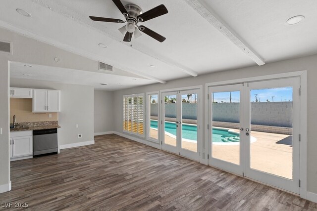 unfurnished living room featuring dark wood-style floors, baseboards, french doors, recessed lighting, and ceiling fan