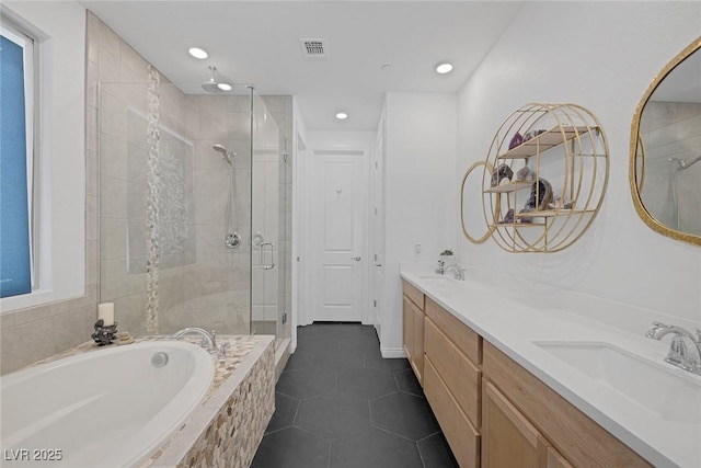 12429 Alpenglow Ct, Las Vegas, NV 89138 - full bath featuring a stall shower, a bath, double vanity, tile patterned flooring, and recessed lighting