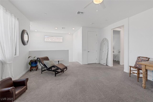 12429 Alpenglow Ct, Las Vegas, NV 89138 - living area featuring carpet floors, a ceiling fan, and recessed lighting
