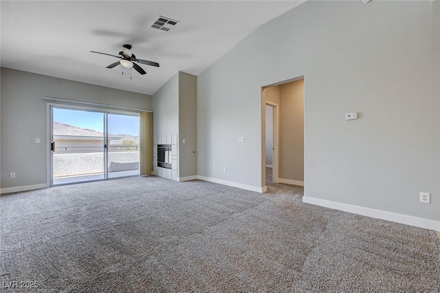 701 Peachy Canyon Cir Unit 201, Las Vegas, NV 89144 - unfurnished living room featuring lofted ceiling, ceiling fan, baseboards, and carpet floors