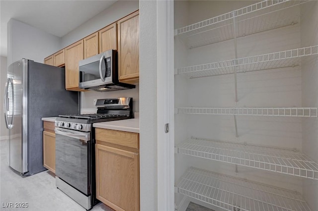 701 Peachy Canyon Cir Unit 201, Las Vegas, NV 89144 - kitchen featuring stainless steel appliances, light brown cabinetry, light countertops, and baseboards