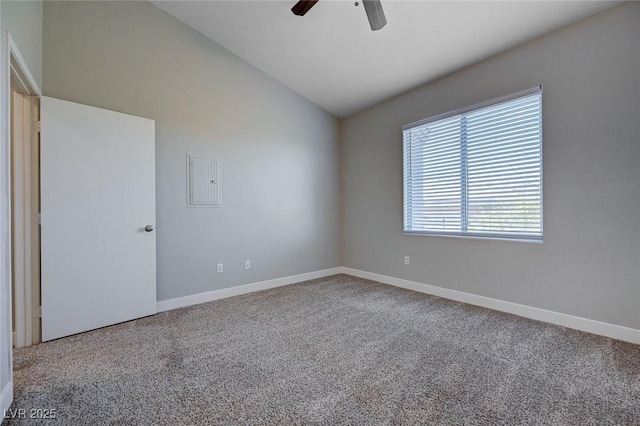 701 Peachy Canyon Cir Unit 201, Las Vegas, NV 89144 - unfurnished room with vaulted ceiling, ceiling fan, carpet flooring, and baseboards
