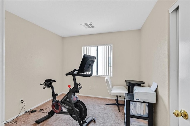workout area with carpet floors and baseboards