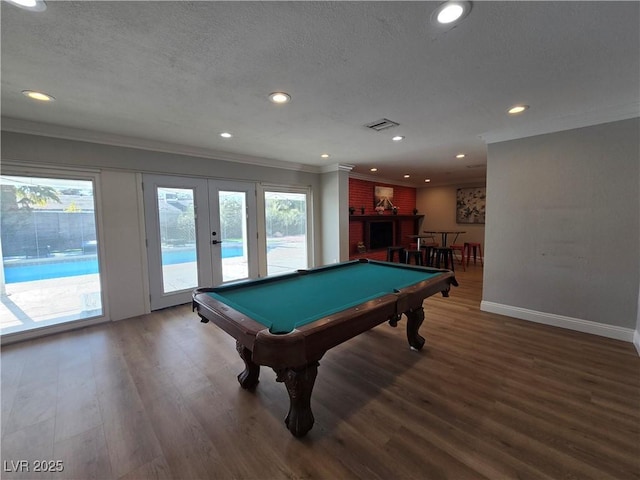 5515 Coley Ave, Las Vegas, NV 89146 - rec room featuring ornamental molding, pool table, wood finished floors, french doors, and recessed lighting