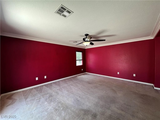 2112 Merganser Ct, North Las Vegas, NV 89084 - unfurnished room with ornamental molding, carpet floors, baseboards, ceiling fan, and a textured ceiling