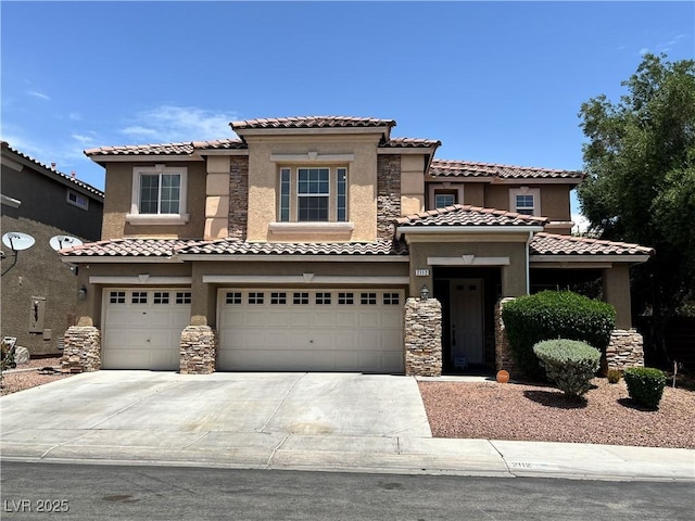 2112 Merganser Ct, North Las Vegas, NV 89084 - view of front facade featuring stone siding, a garage, concrete driveway, stucco siding, and a tile roof