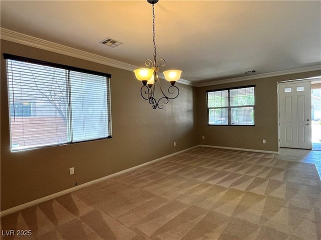 2112 Merganser Ct, North Las Vegas, NV 89084 - spare room featuring ornamental molding, light colored carpet, a chandelier, and baseboards