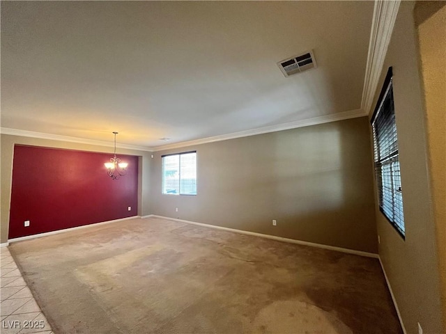 2112 Merganser Ct, North Las Vegas, NV 89084 - carpeted empty room with crown molding, a chandelier, baseboards, and tile patterned floors