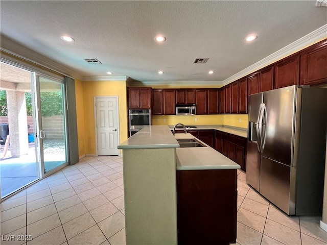 2112 Merganser Ct, North Las Vegas, NV 89084 - kitchen featuring appliances with stainless steel finishes, ornamental molding, light countertops, light tile patterned floors, and a sink