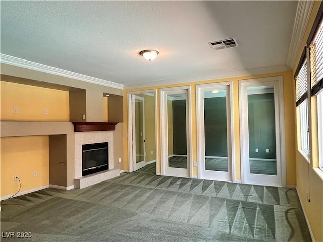 2112 Merganser Ct, North Las Vegas, NV 89084 - unfurnished living room with carpet, a fireplace, crown molding, and baseboards
