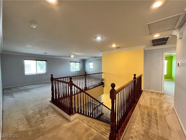 2112 Merganser Ct, North Las Vegas, NV 89084 - corridor with carpet floors, crown molding, an upstairs landing, baseboards, and recessed lighting