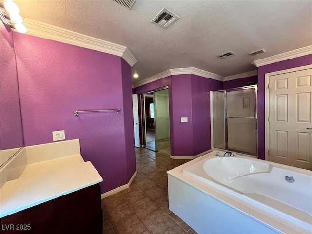 2112 Merganser Ct, North Las Vegas, NV 89084 - full bath featuring a garden tub, ornamental molding, a stall shower, vanity, and tile patterned floors