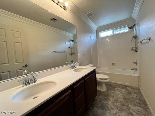2112 Merganser Ct, North Las Vegas, NV 89084 - full bath with crown molding, toilet, double vanity, tub / shower combination, and baseboards