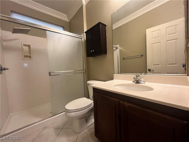 2112 Merganser Ct, North Las Vegas, NV 89084 - bathroom with crown molding, a stall shower, vanity, toilet, and tile patterned flooring