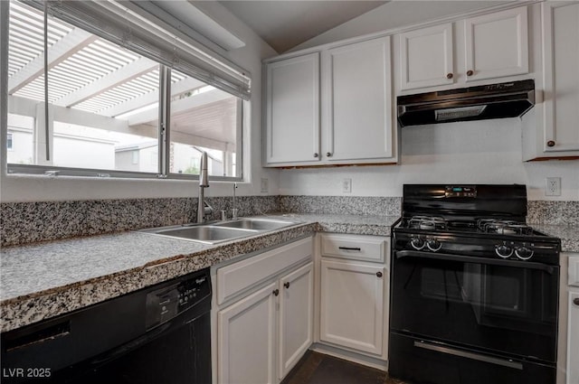 kitchen with black appliances, under cabinet range hood, a sink, light countertops, and lofted ceiling